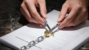 Руки в деловом костюме перерезают цепь для реализации стратегии личного банкротства директора
